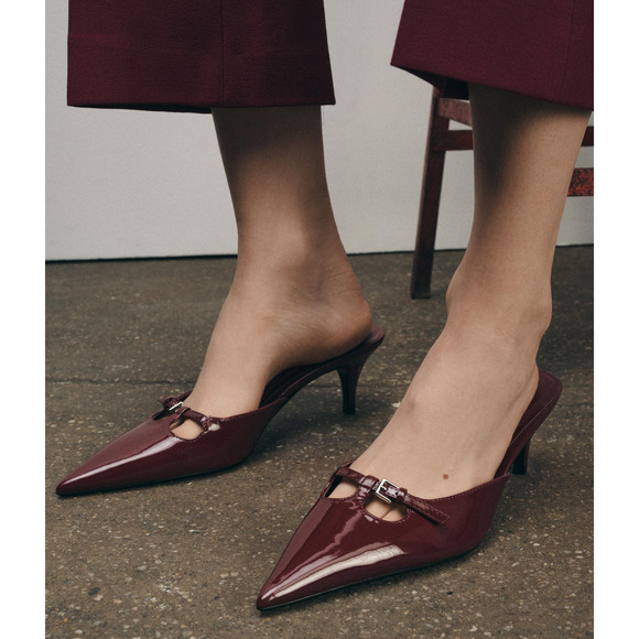 ZARA Burgundy Patent Pointed Toe Slip-On Heeled Mules NWT – Size 6.5 & 8 - Picture 6 of 16